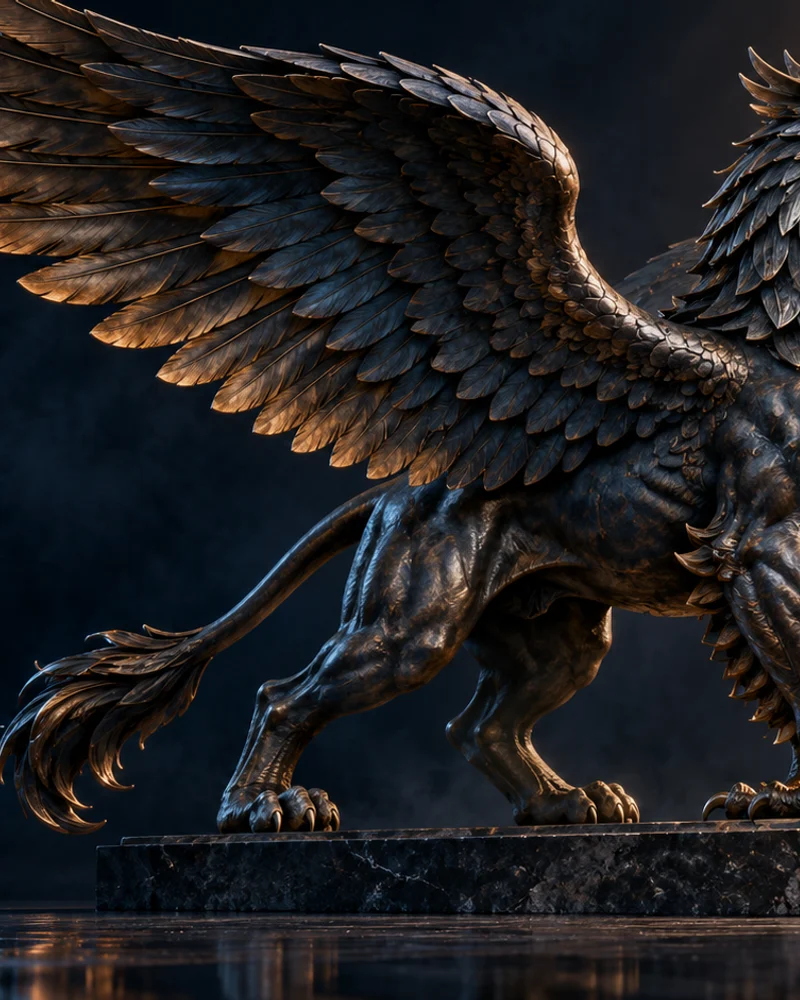 A sculptural gryphon wing in blue metal and warm bronze light